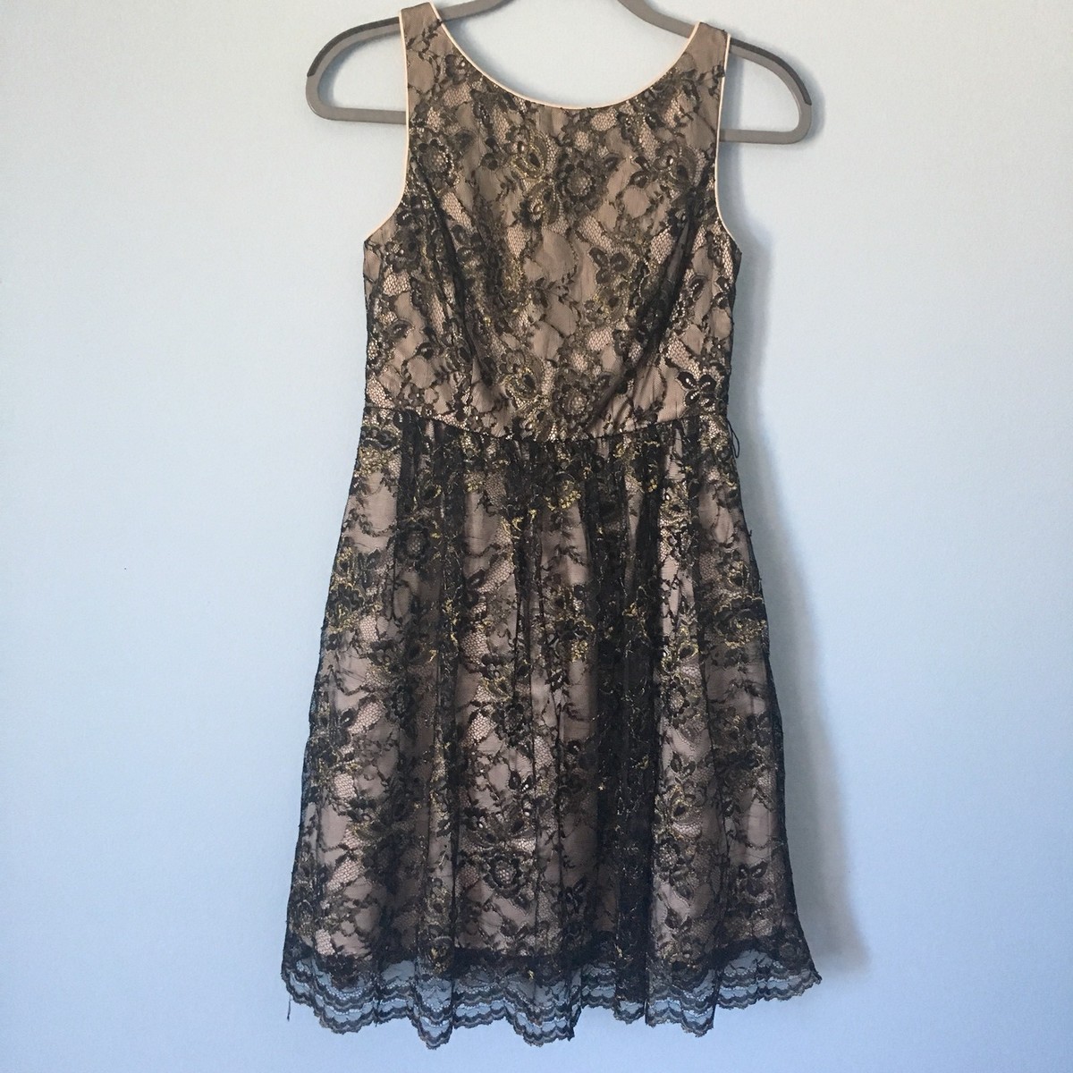 Jessica Simpson Black Gold Lace Overlay Formal Flare Dress 4 Cocktail
