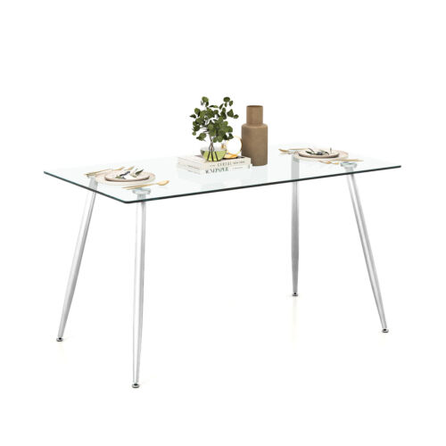 Modern Glass Dining Table Rectangular Table W/Metal Legs For Kitchen Silver - Picture 10 of 10