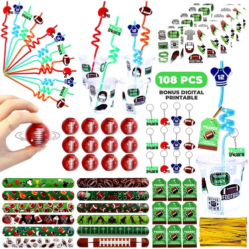 Football Party Favors 108 PCS Football Spinner Wristband Keychain Straws for Kid - Picture 1 of 5