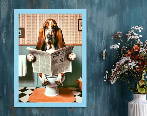 Basset Hound Art, Funny Bathroom Decor, Dog on Toilet, Bathroom Wall ...
