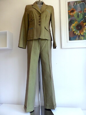 HOSS HOMELESS Hosenanzug Zweiteiler Blazer+Hose Leinen/BW gestreift olivgrün D38