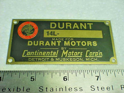 Durant acid etched brass Motor Number Plate 1924 - 1929 Continental Motors - Picture 2 of 2