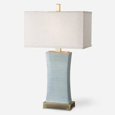 Textured Ceramic Pale Blue Gray Table Lamp 29 in Classic Hourglass Shape Bronze