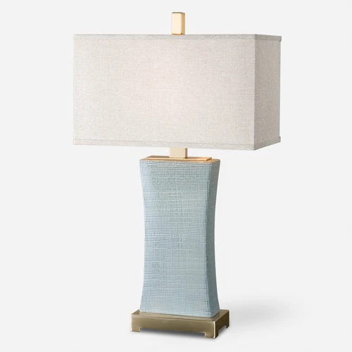 Textured Ceramic Pale Blue Gray Table Lamp 29 in Classic Hourglass Shape Bronze - Picture 1 of 2