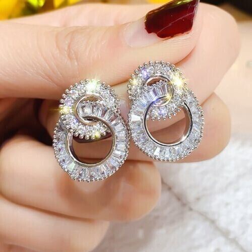 Mujeres Niñas Pendientes Plateados Doble Aro Tachuela Circón Joyería Aniversario - Imagen 8 de 11
