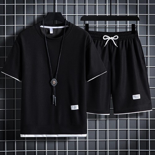 Summer Men's Waffle Sets Casual T-Shirt And Shorts Set Male Sports Suit Solid - Picture 3 of 27