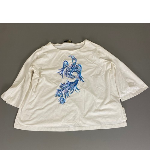 Bob Mackie Wearable Art Top Damen 2X Pfau bestickt Glockenärmel weiß