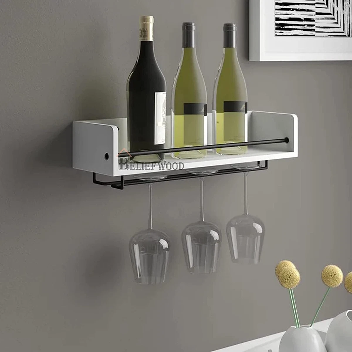 Wine Rack Bottle Glass Holder Wall Mount Wooden Iron Solid Modern Rectangular