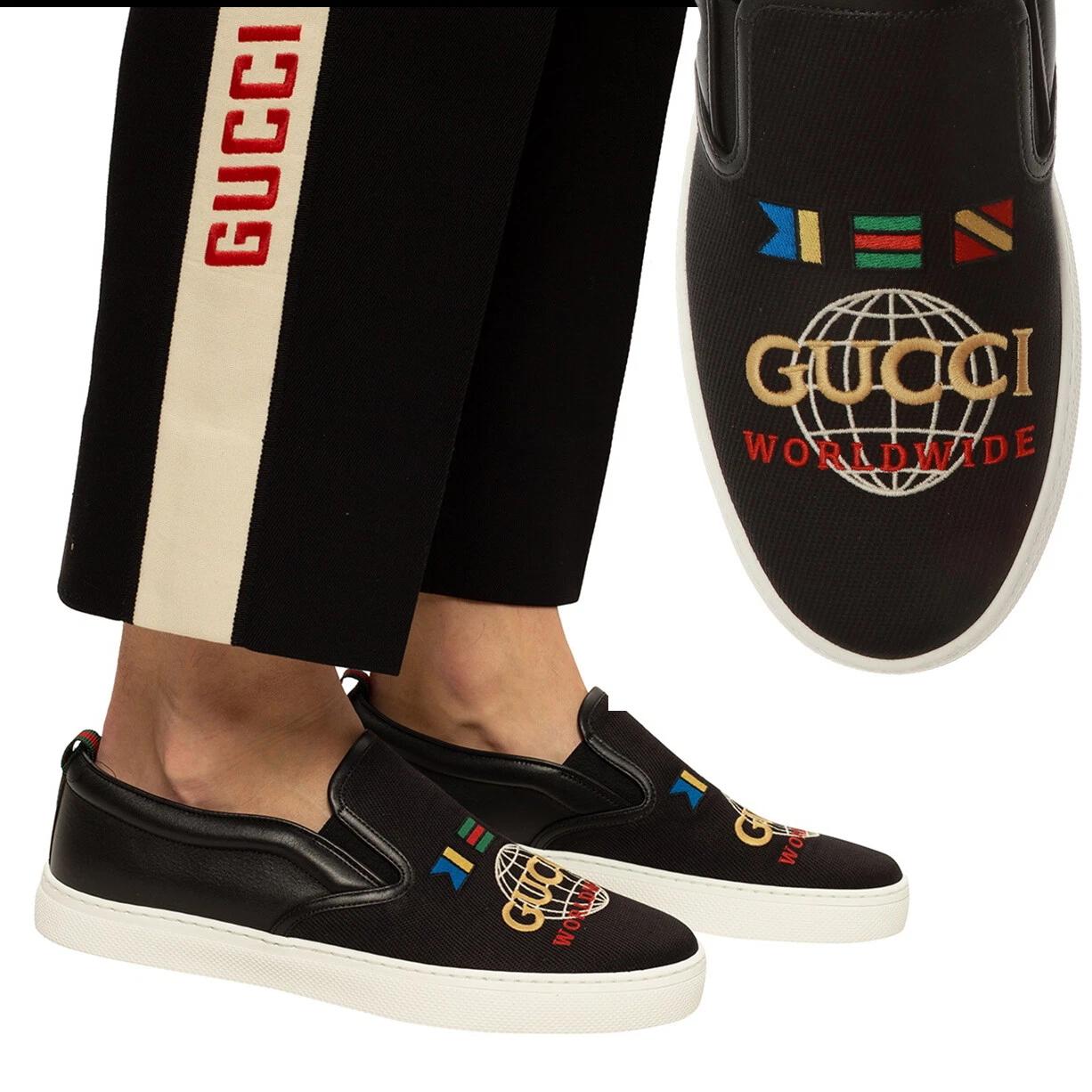 CHAUSSURES GUCCI DUBLIN WORLDWIDE NOIR TOILE CUIR BASKETS À ENFILER taille 7G 7,5