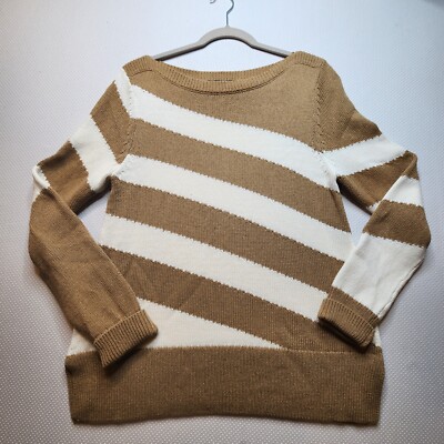 Ann Taylor Womens Sweater Large Beige Ivory Stripe Boat Neck Split Hem  Cotton