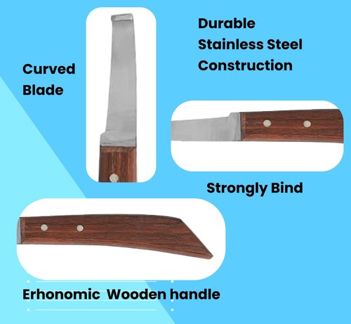 Horse Farrier Hoof Knife Sharp Edge Steel Blade Polished Wooden Grip - Picture 2 of 7