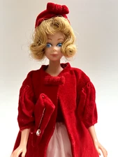 Vintage Midge Barbie Doll Blonde 1960s Mattel w/ Red Flare Coat Dress Hat Purse,