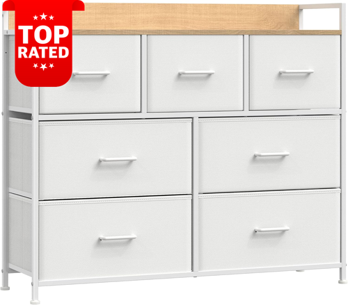 White Oak Chest of Drawers 7 Fabric Storage Bins Bedroom Cabinet Metal Frame
