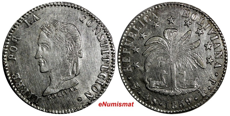 BOLIVIA Silver 1859 PTS FJ 4 Soles  XF KM#123.3 (15 313)