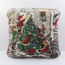 VTG Handmade Wool Needlepoint Throw Pillow Cover A Christmas Carol Tree Trimming