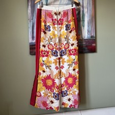 Johnny Was Pants Sz L 100 Silk Self  Lining Floral Wide Bohemian Casual