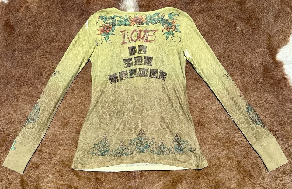 Vintage Y2K Butterfly Dropout Long Sleeve Top USA Love Floral Fairy S Henley EUC - Image 2 of 4