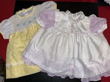 2 Vintage Baby Girls Smocked Eyelets Ruffled Dresses Yellow Lavender 12 Mos Lace