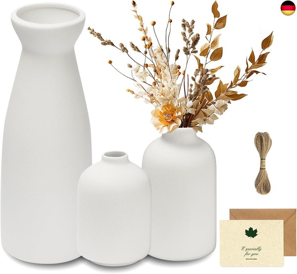 Ucamp Keramik Vase 3 Set,Weiß Einzigartige Kleine Keramik Blumenvasen,Pampas-image