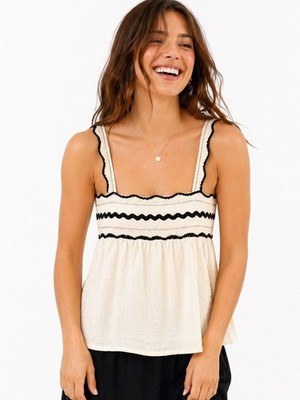 Nekane NKN Cream Smocked Cami Tank Top Black Gold Trim Boho Resort XS NWT