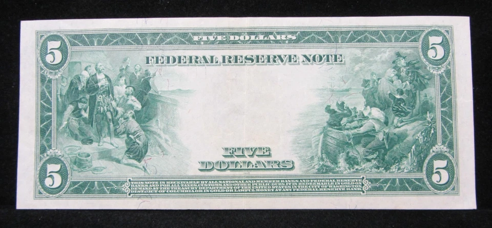 1914 $5 LARGE SIZE FEDERAL RESERVE NOTE - BLUE LABEL - LINCOLN - NICE XF - Image 4 of 4