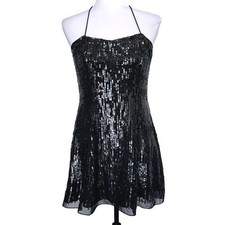 Raga Sequin Mini Dress Womens Small Halter Backless Cocktail Party Black R1478