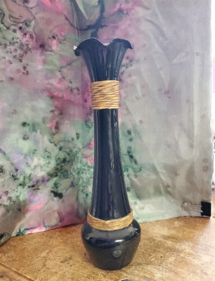 Vintage Mid Century Hand Blown Glass Bud Vase Black Amethyst Ruffled Top