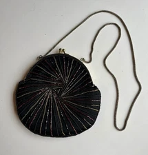 Vintage Magid Black Beaded Evening Bag w/Purple Gold Beading