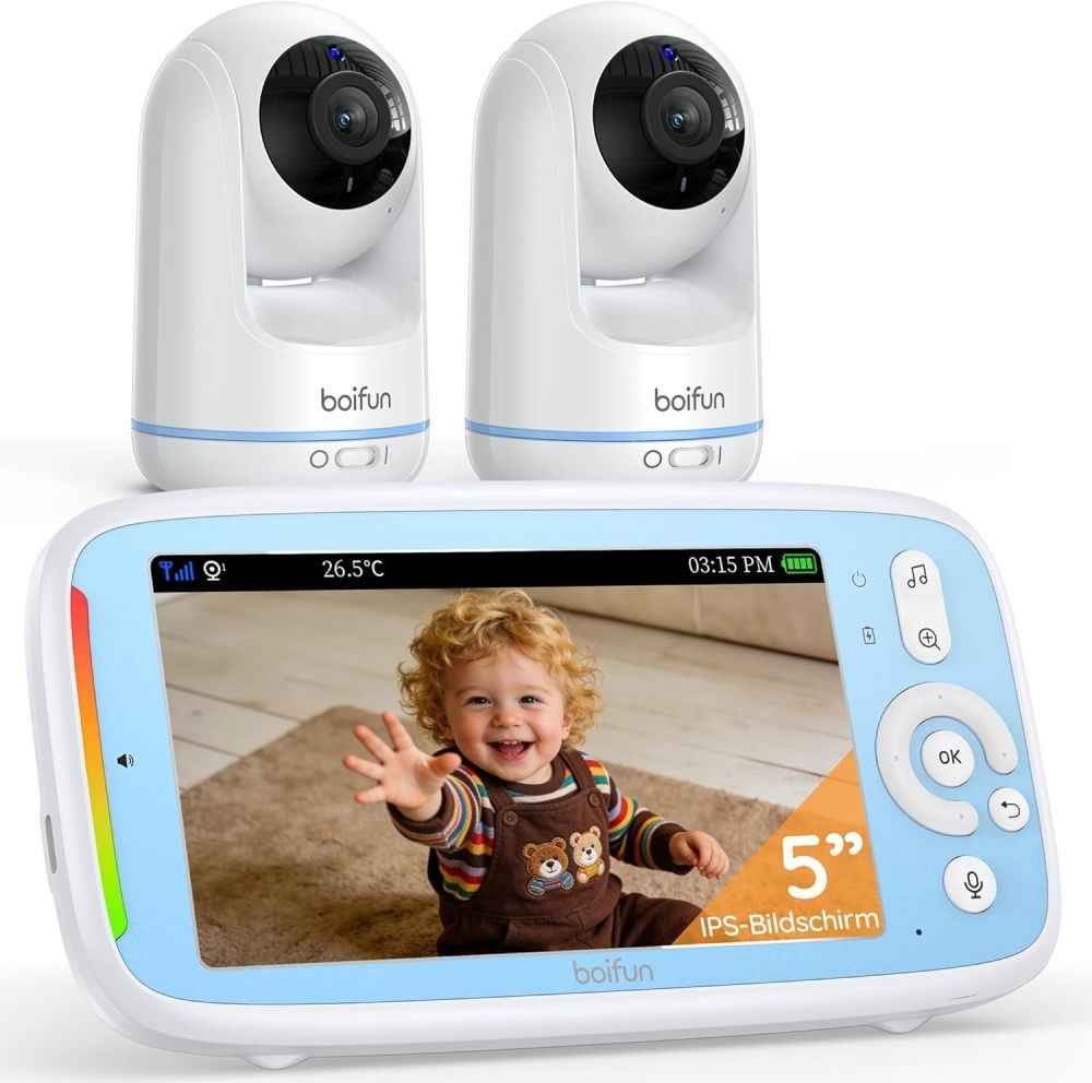 Vigilabebés 5 Pulgadas 720P BOIFUN con 2 Cámaras HD IPS Visión Nocturna y Pantalla Zoom 3x