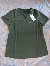 Figs Technical Collection Casma V Neck Olive Green 3 Pocket Scrub Top Sz S