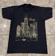 VTG 90s Adult L Screen Stars CHICAGO SKYLINE Single Stitch T-shirt Black Gold