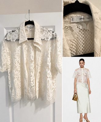 MNG Ivory Lace Embroidered Button-Up Blouse Short Sleeve Size 10