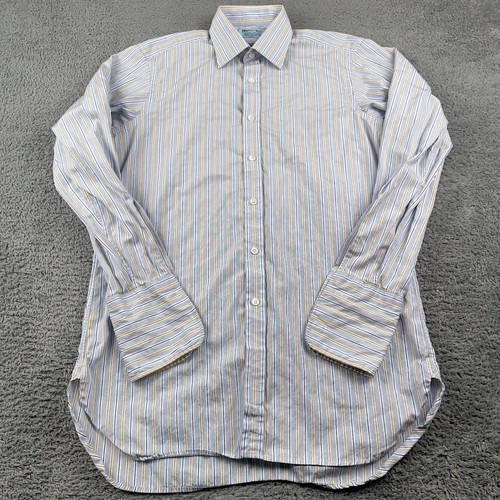Camisa de Vestir Hilditch & Key Para Hombre 15 Azul Amarillo Rayas Puño Francés Hecha en Inglaterra - Imagen 2 de 10