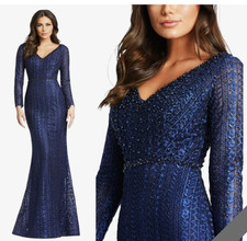 NWT$798 MAC DUGGAL Embellished Illusion Midnight Navy Maxi Trumpet Train Gown 10