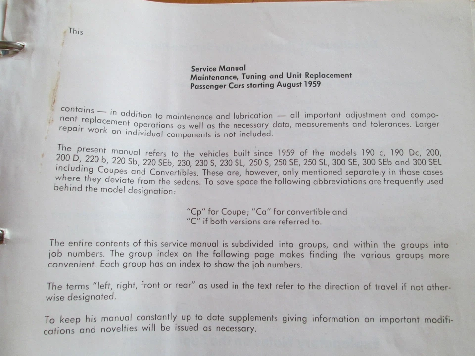 Mercedes Workshop / Service  Manual   W 110 W 111 W 112 W 113  ab  1959 - 68 - Bild 2 von 4