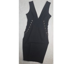 Iris Lace Up Bodycon Dress L Black Side Grommet Mini Sleeveless Clubwear FLAW