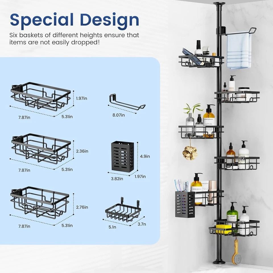 Shower Caddy Organizer Tension Pole, Rustproof Corner Shelf Adjustable Height - Image 3 of 4