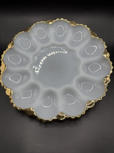 Anchor Hocking Milk Glass Deviled Egg Plate With Gold Gilt Scalloped Rim
