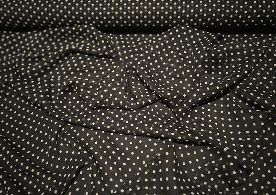 Black/Cream Polka Dots Chiffon 100% Silk Fabric 44" Wide, By the Yard (TS-7457) - Image 3 of 4