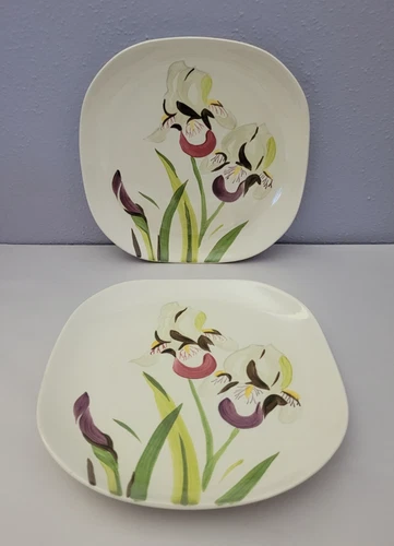 Set 2 RED WING IRIS Dinner Plate Vintage Hand Painted Purple Green Floral 10.5"