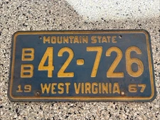 1967 West Virginia WV Mountain State License Plate Tag BB42-726 Blue Yellow