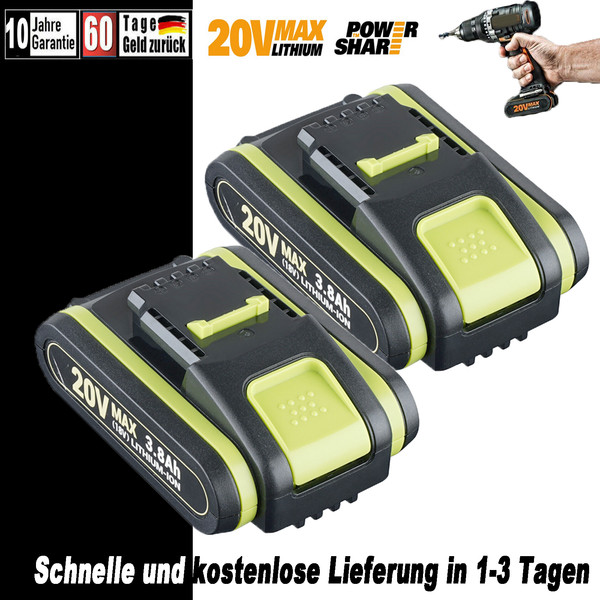 2X FüR Worx Powershare WA3553 Akku Set 20V Max - 3,8 Ah WA3601 Li-Ion Batterie-image