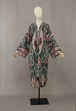 Uzbek ikat chapan,cotton kaftan cape,boho green coat,ethnic abaya,cover kimono