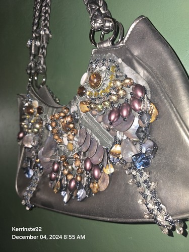 Chicos Glass Bead & Stone Embellished Vegan Leather Purse Shoulder Bag Pewter - Picture 4 of 11
