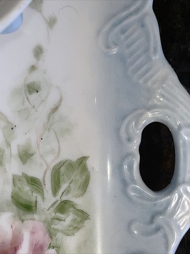 Vintage Hand Painted Porcelain 3 Piece Dresser Set Floral Pink Roses Blue Trim - Picture 4 of 7