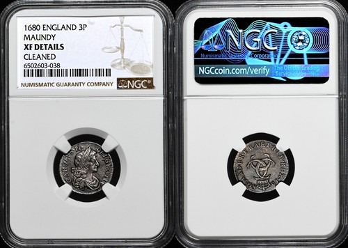 CHARLES II. / GRAN BRITÁNICA 1680, Æ Moneda de Plata Maundy 3p, NGC XF + Certificado de Autenticidad GGcoins - Imagen 2 de 8