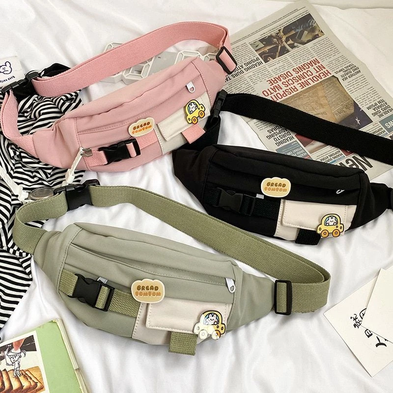 Korean Cute Canvas Belt Bag Waist Chest Sling Bags For Women with Bear Doll  Zipper Design