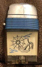 Vintage Scripto Vu Lighter: Ship Wheel & Anchor with Blue Band - Excellent