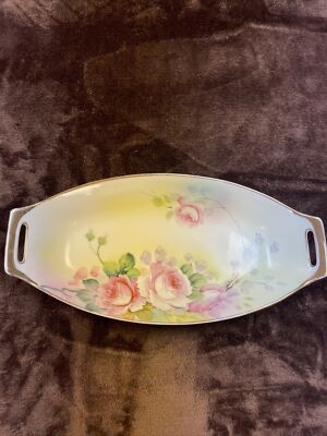 Nippon Oval Open Handled Celery Tray Hand Painted Pink Roses Gold Trim 1911-1918