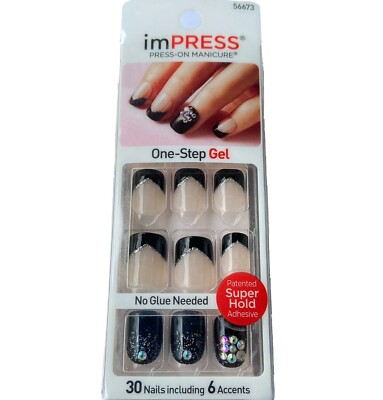 NEW Kiss Nails Impress Press On Manicure Short Gel French Black Silver ...